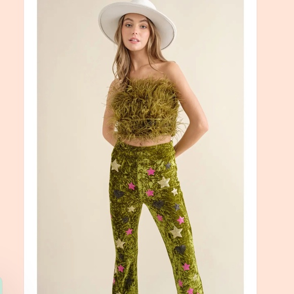 Feather Crop Top with Stretch Bell Pants Set Festive Grinch Christmas Outfit - Picture 2 of 5